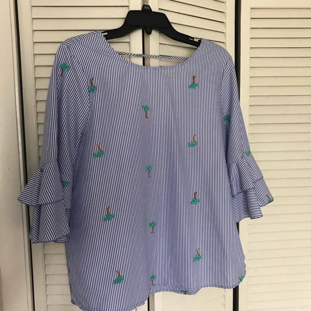 Cropped Sleeve Striped Palm Tree Blouse